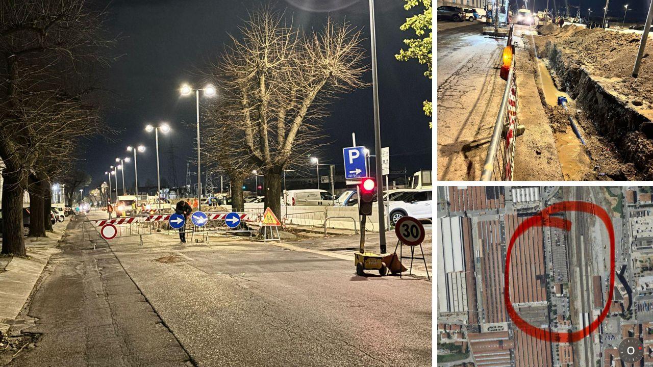 Il cantiere per il ripristino del guasto alla rete idrica in viale Rinaldo Piaggio