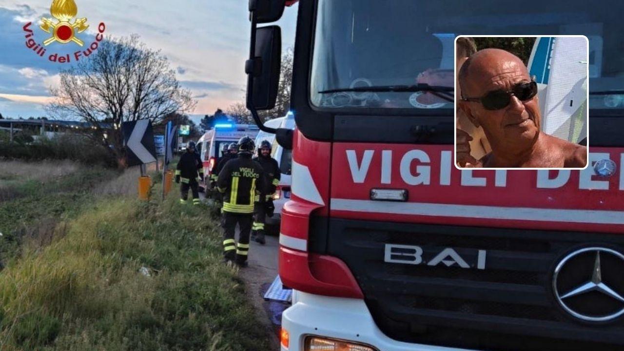 I mezzi di soccorso sul luogo dell'incidente e la vittima, Massimo Sanvitale