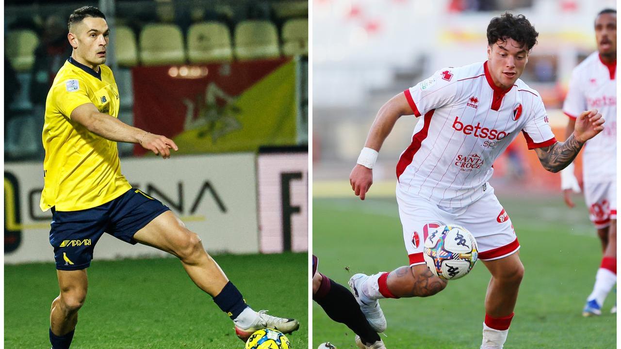 Il difensore gialloblù Daniel Tonoli e la punta biancorossa Emanuele Rao