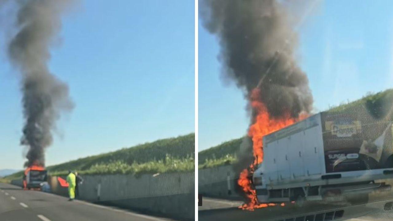 Il furgone in fiamme sulla 398 in direzione Venturina