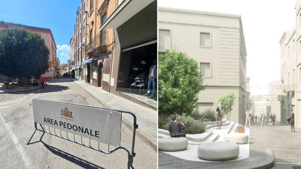 Lo slargo che sarà riqualificato (foto Nuvoli) e un rendering del progetto