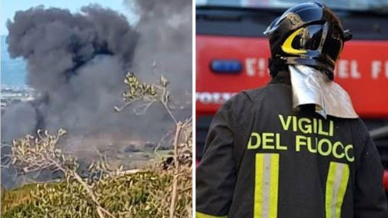 
	La nube di fumo nero provocata dall'incendio e i vigili del fuoco

