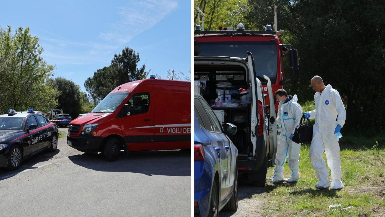 Vigili del fuoco e forze dell'ordine sul luogo dell'incendio in cui ha perso ha vita una persona (foto Stick)