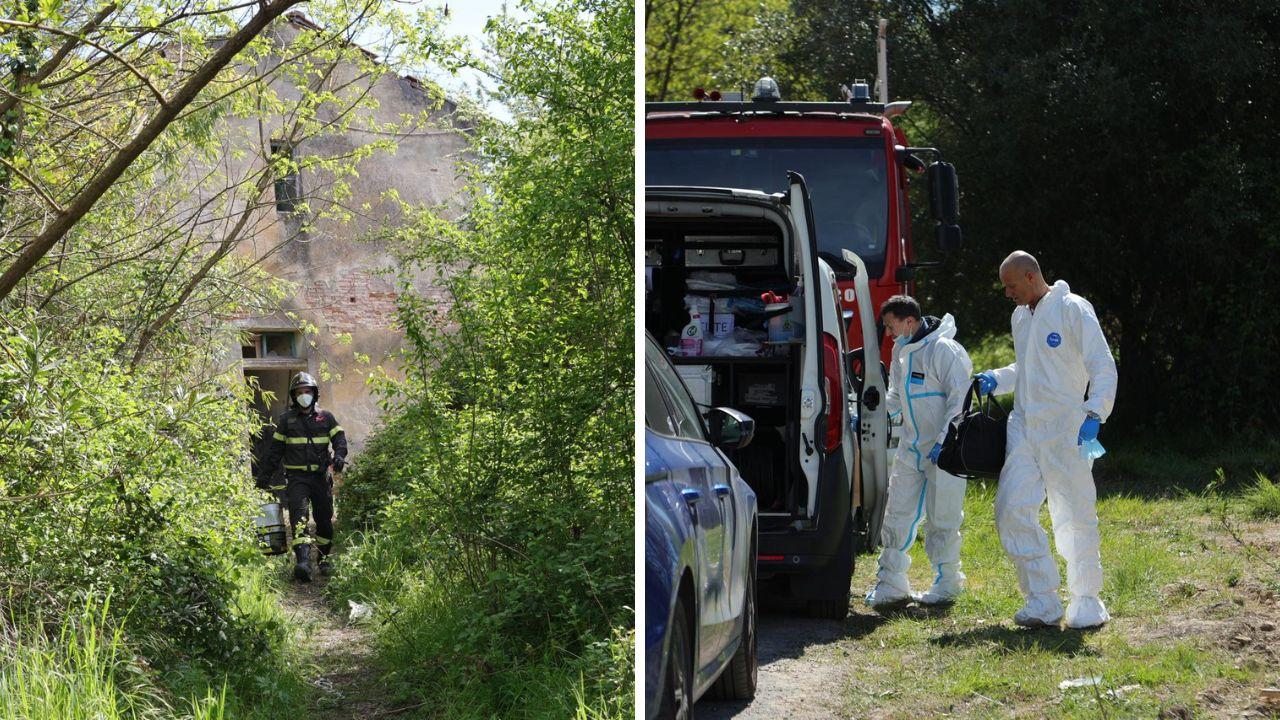 Il casolare abbandonato in cui è stato trovato il cavadere e gli inquirenti sul luogo della tragedia (foto Stick)