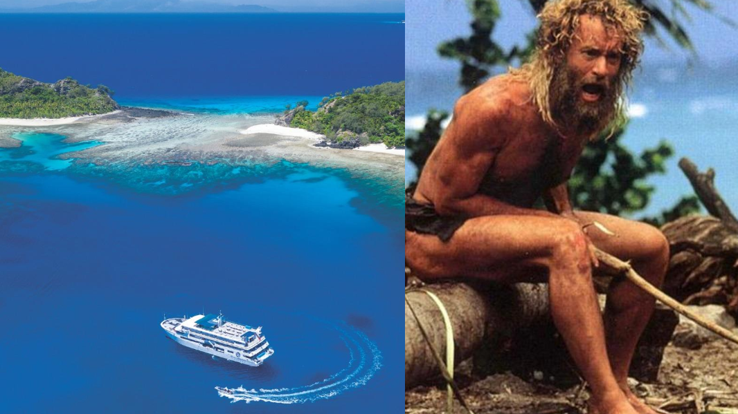 Una nave da crociera della compagnia Blue Lagoon Cruises alle Fiji (Foto Fb) e Tom Hanks sul set di Cast Away