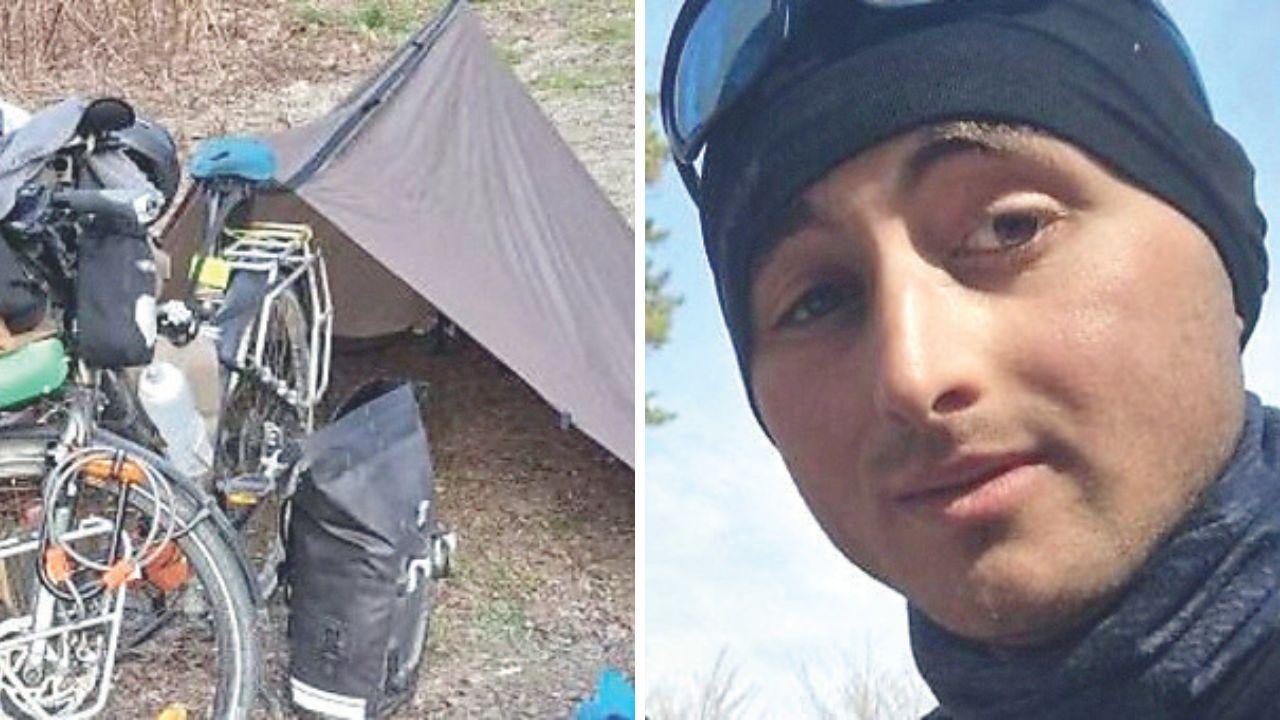 La bicicletta e l’attrezzatura molto “spartana” con la quale sta affrontando il viaggio e Gianni Brancoli