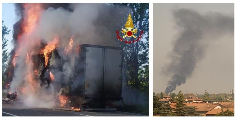 Camion in fiamme sulla Sp 358R: l’alta colonna di fumo nero visibile da grande distanza