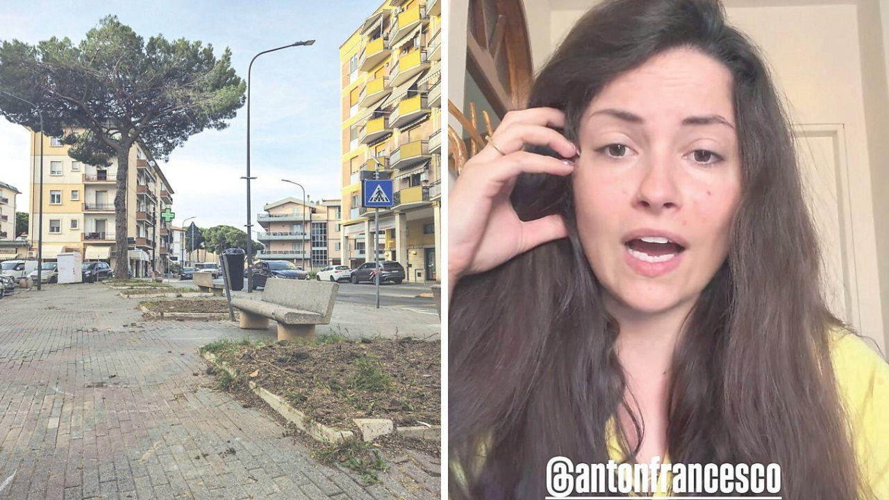 Via Giusti il 10 aprile dopo il taglio dei pini (foto Bf) e Denise Rossi in un frame del video che ha postato su Instagram