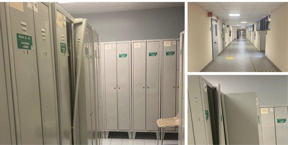 
	Alcuni degli armadietti forzati negli spogliatoi delle dipendenti&nbsp;della Piastra e il corridoio di accesso all&rsquo;area spogliatoi

