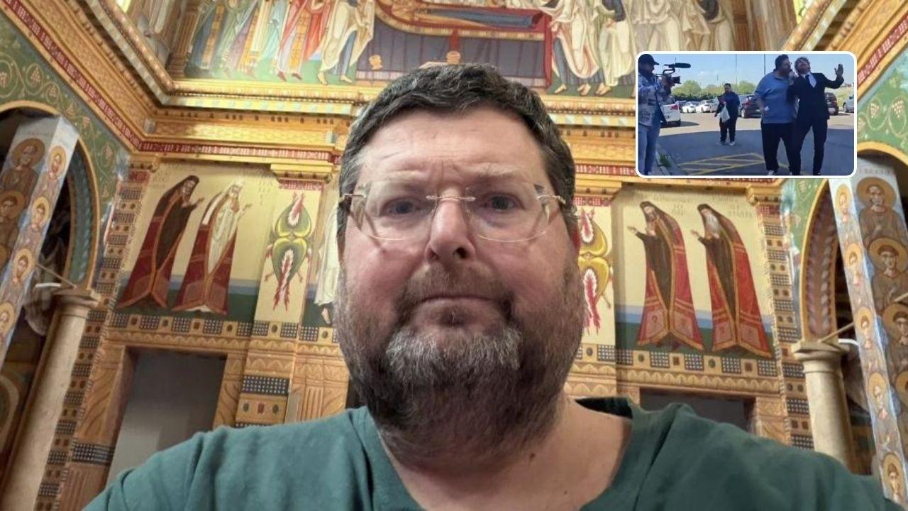 Mario Adinolfi. In alto a dx il momento della tirata dei capelli all'inviato delle Iene