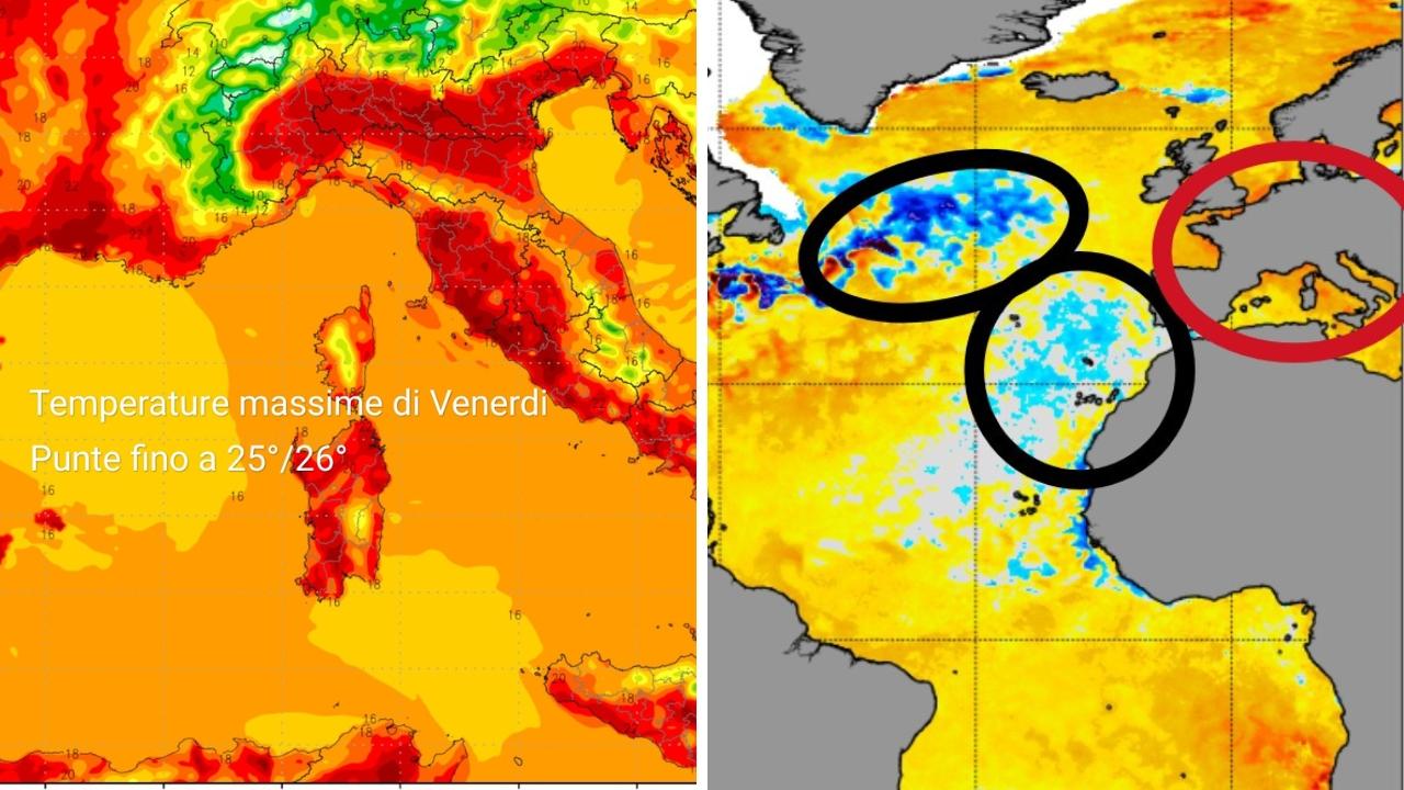A sinistra le temperature previste per venerdì 17 aprile; a destra le mappe SSTA