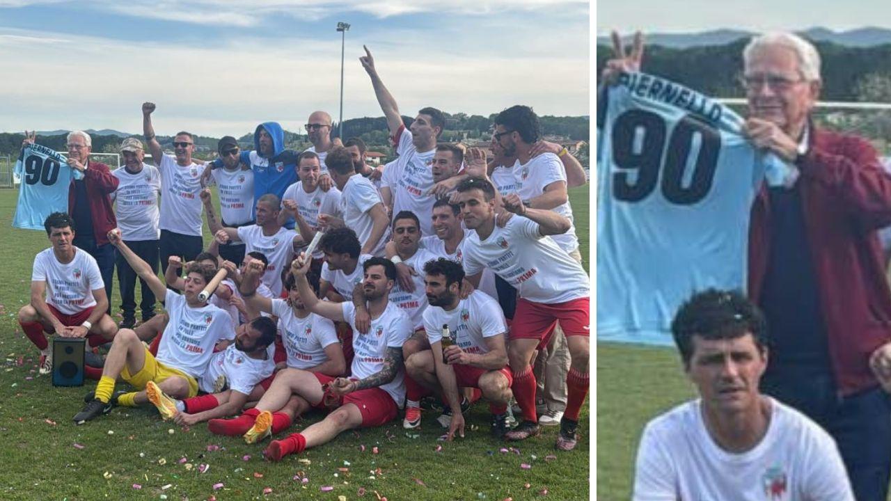 Terricciola, la squadra vola in Prima categoria e in campo a fare festa a 91 anni c’è anche Piernello