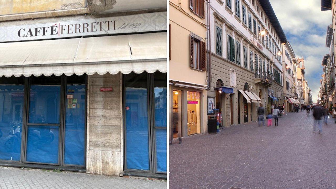 L’esterno del Caffè Ferretti in centro a Pontedera, a dx una veduta di corso Matteotti, la via dello shopping