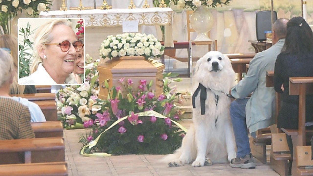 In alto a sx Franca Spinola, nella foto grande il cane Laerte accanto alla bara (Enzo Russo)