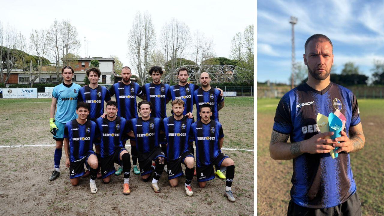 Alessio Fatticcioni (foto Riccardo Marchionni); a sinistra il Piombino calcio (foto Michele Falorni)