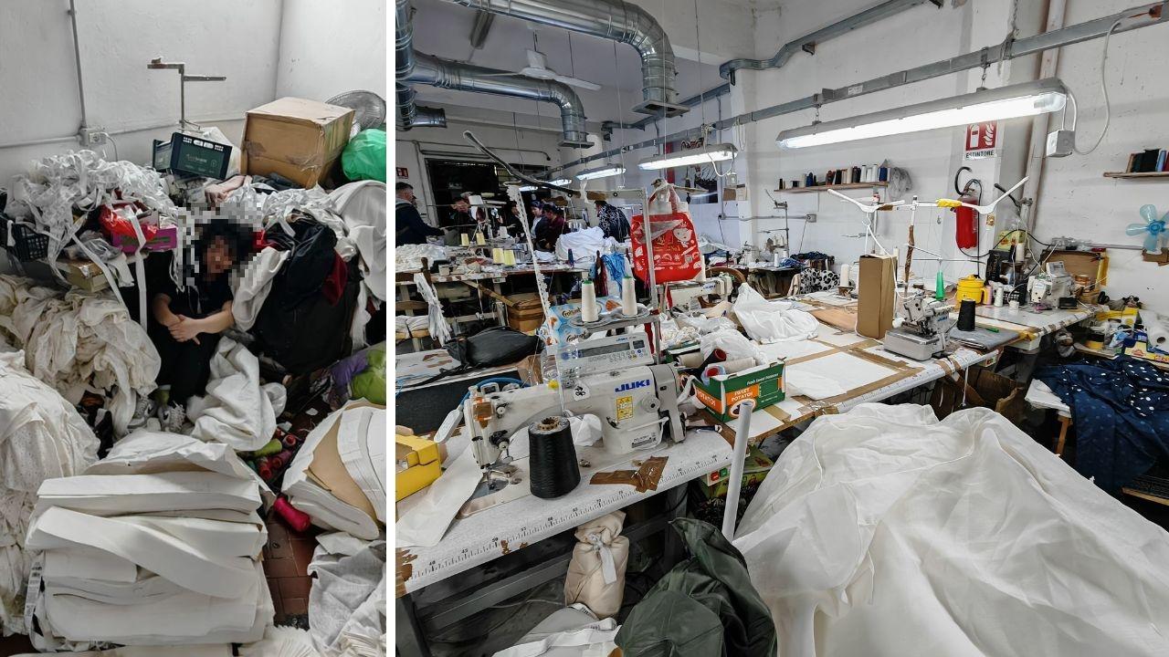 Le condizioni del laboratorio tessile sequestrato e uno dei lavoratori nascosto sotto a un tavolo tra i vestiti