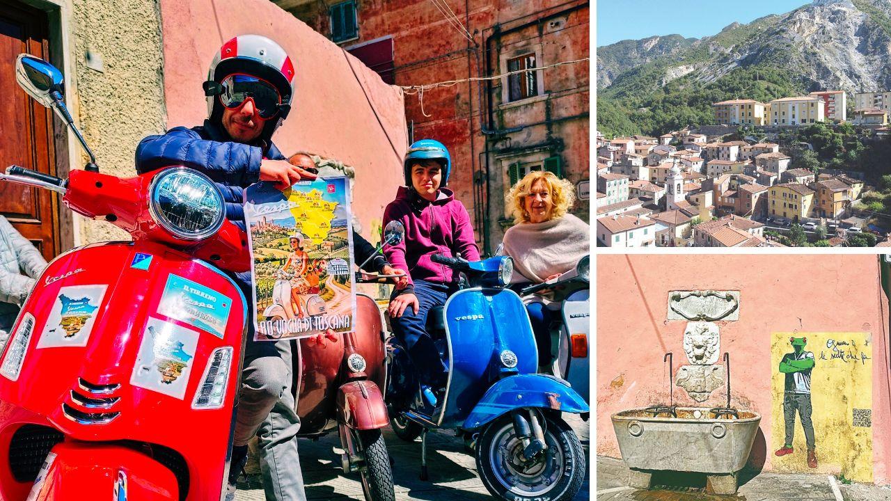 Il giornalista Lorenzo Lombardi con alcuni abitanti di Torano, a dx una veduta del paese e l’opera firmata da Mr Savethewall