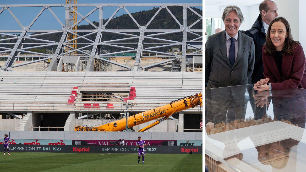 I lavori allo stadio Franchi, a dx la sindaca Sara Funaro con il dg della Fiorentina Alessandro Ferrari durante la visita allo stadio del ministro Abodi