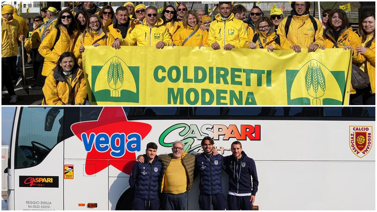 La delegazione di Coldiretti Modena al Brennero e, sotto, il pullman col logo della Reggiana che li ha accompagnati