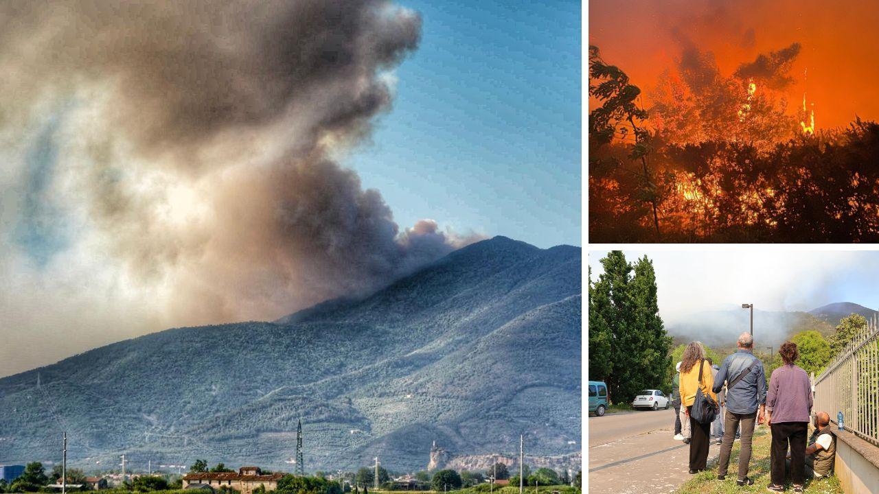 L'incendio sul Monte Faeta visto da Lavoria, a dx alcuni abitanti di Asciano dove sono state evacuate delle case (foto Stick)