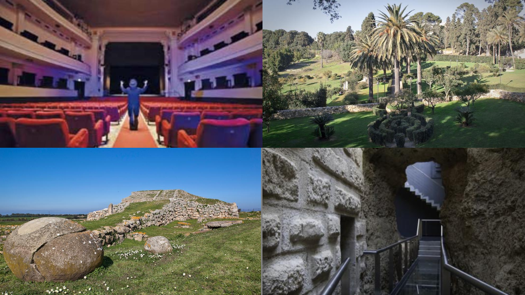 Alcuni dei siti aperti oggi: da sinistra Teatro Verdi, parco di Monserrato, Monte d'Accoddi, Barbacane