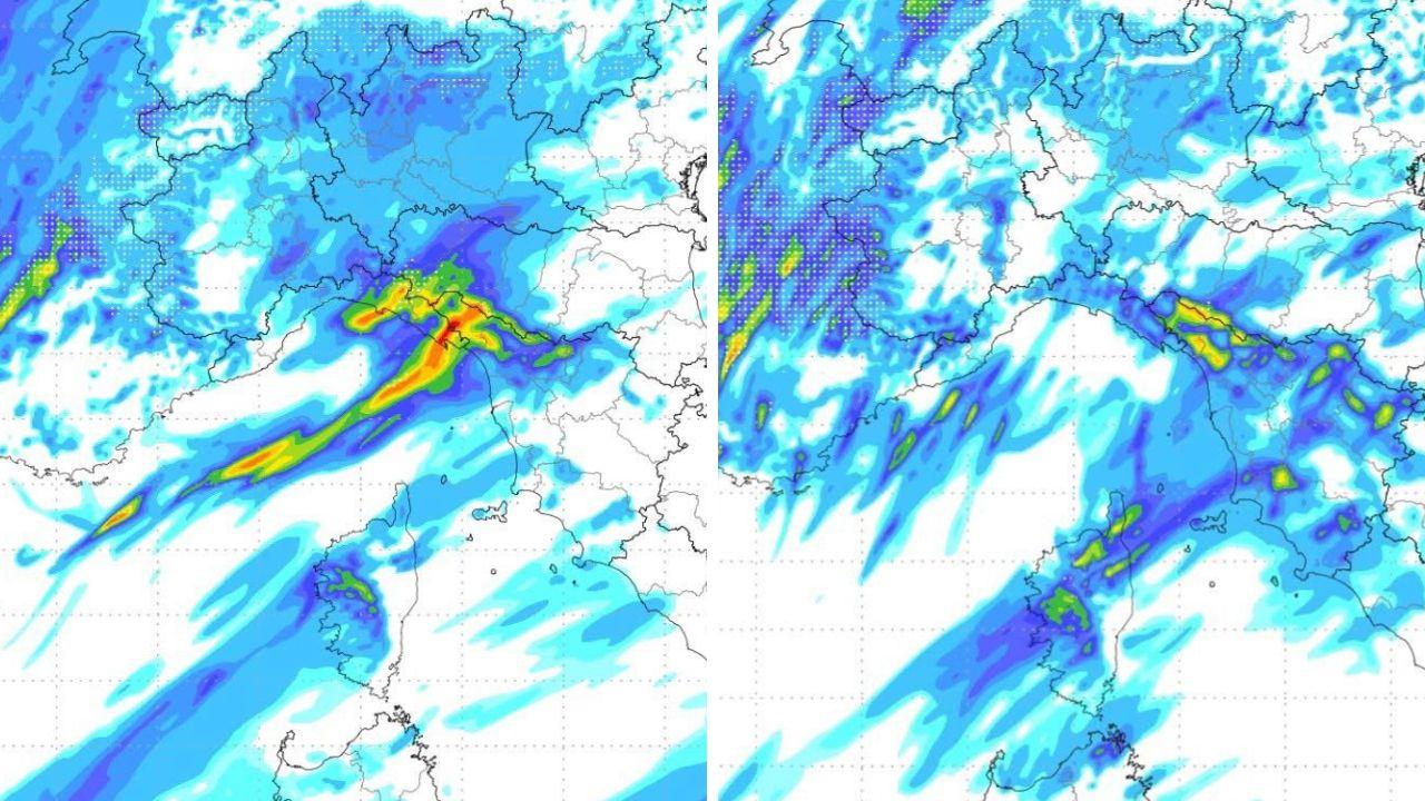 A sx le precipitazioni previste la mattina del 5 maggio, a dx le previsioni per il pomeriggio della stessa giornata