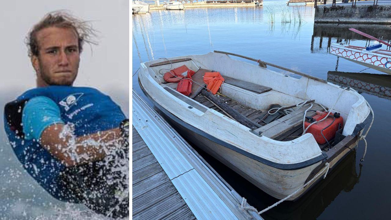 A sx Alessandro Mattiello. A dx la barca rimasta in balìa delle onde