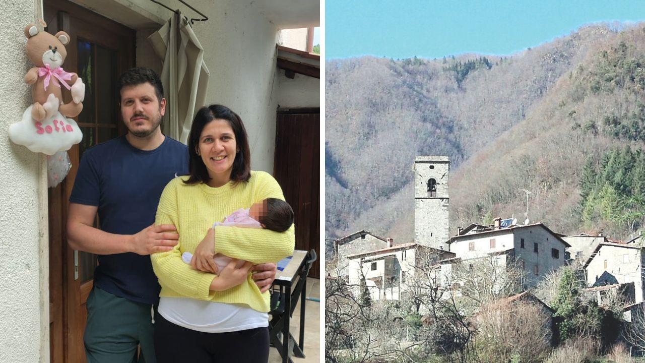 I genitori Michele ed Elena con la piccola Sofia davanti alla porta della loro casa a Vallico di Sotto, a dx una veduta del paese