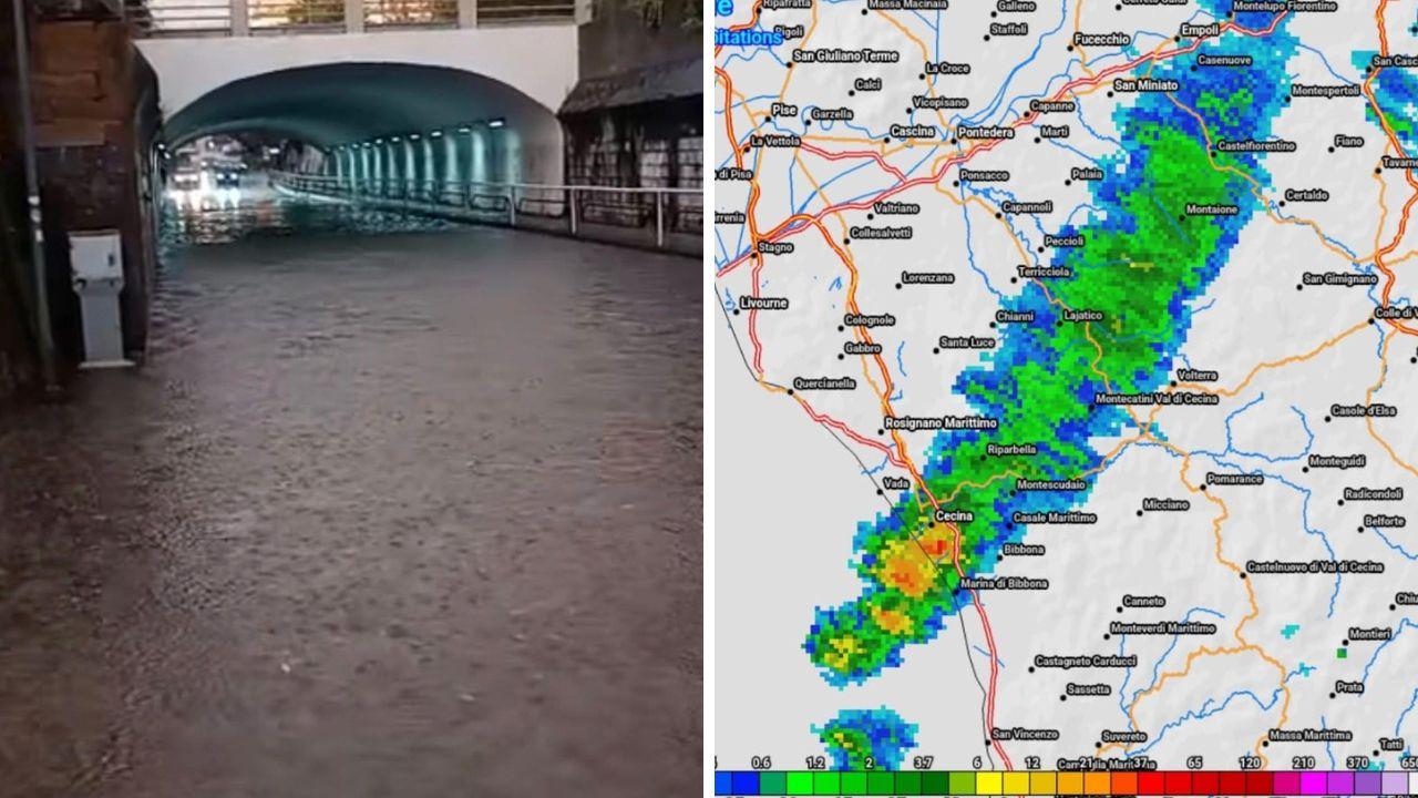 Il sottopasso di via Roma allagato in una foto scattata oggi alle 20.30, a dx la linea temporalesca