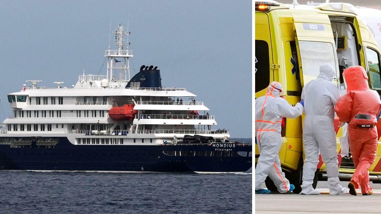 La nave da crociera MV Hondius, a dx l'arrivo in Olanda di tre passeggeri con sospetta infezione