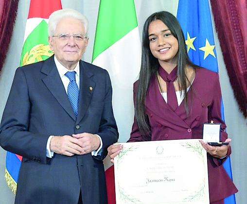 Jasmeen Kaur premiata come Alfiere al Quirinale «Un onore i complimenti di Mattarella»