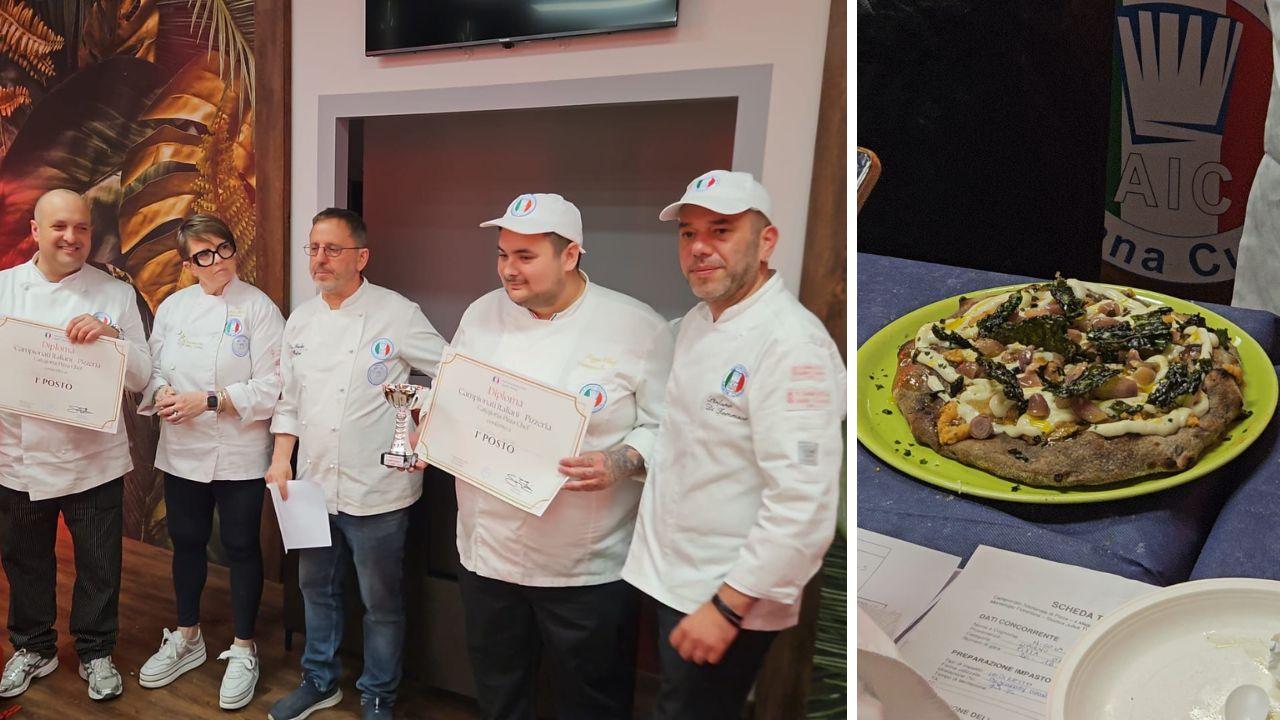 Nicola Carrai, primo a sinistra e la pizza "pane su pane"