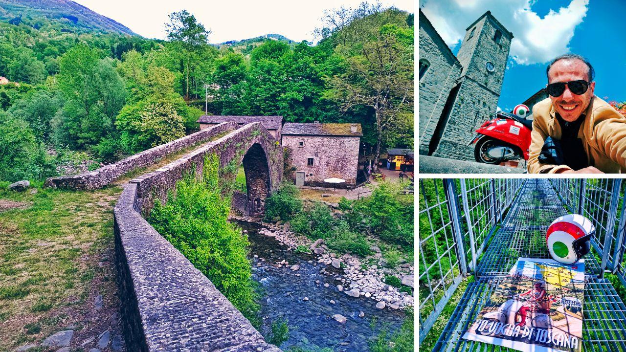 A sx il ponte di Castruccio. A dx Lorenzo Lombardi con la Vespa e sotto il ponte sospeso (fotoservizio Lorenzo Lombardi)