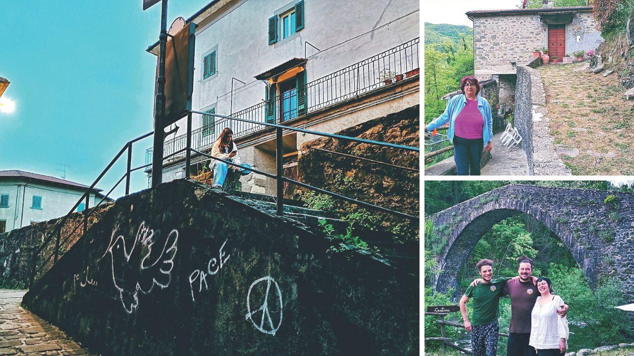 Uno scorcio del borgo di Popiglio. A dx in alto Gloria Sozzi e sotto Simone Ferrari (al centro), Margherita Sabatini e Jeremy “Ciompones” Baldassarri dell’agriturismo “Le Dogane”