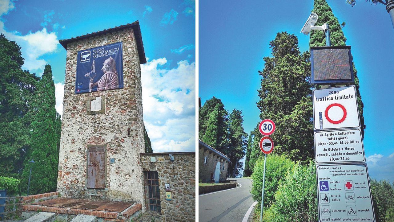 Da sx la torre con il pannello del Museo Archeologico e l’ingresso della ztl controllato da un sistema di telecamere (fotoservizio Lorenzo Lombardi)