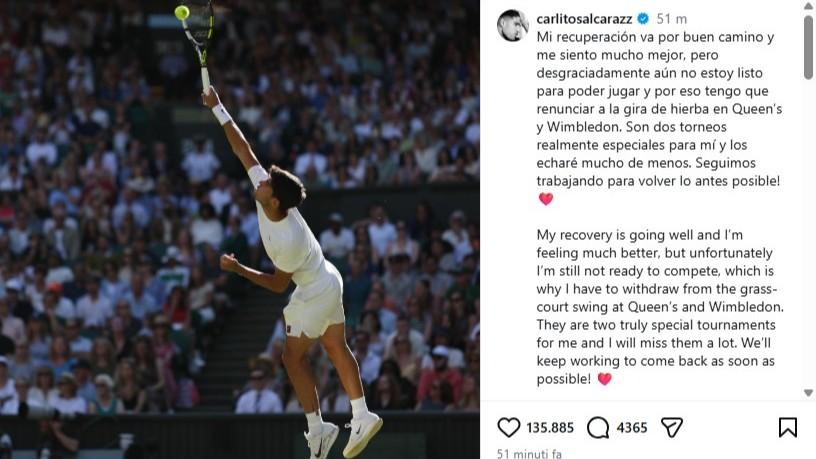 Alcaraz choc, rinuncia anche a Wimbledon: «Non sono pronto»