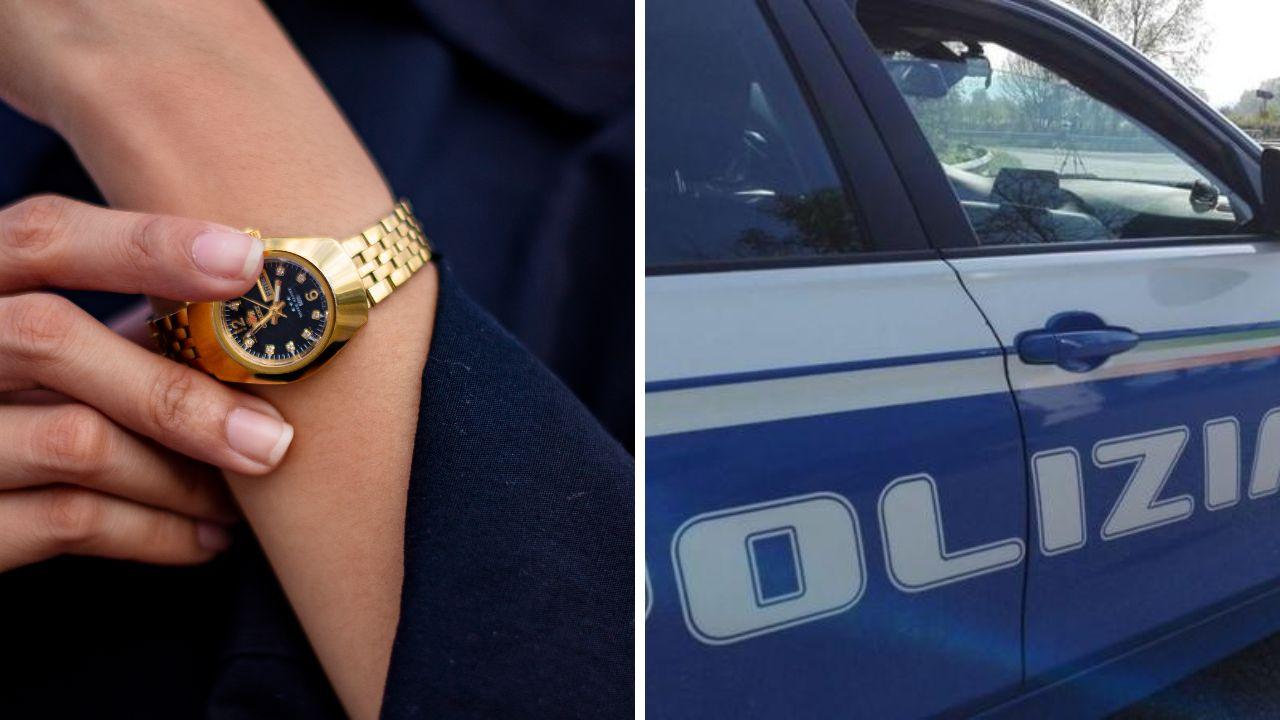 
	Un orologio d'oro al polso di una donna (foto di repertorio) e una volante della polizia

