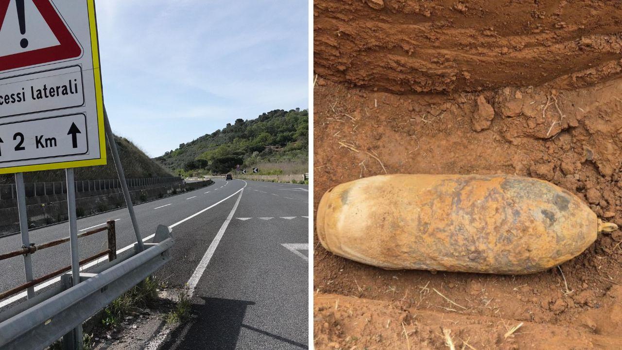 Il tratto dell'Aurelia a Fonteblanda (foto Enzo Russo) e l'ordigno