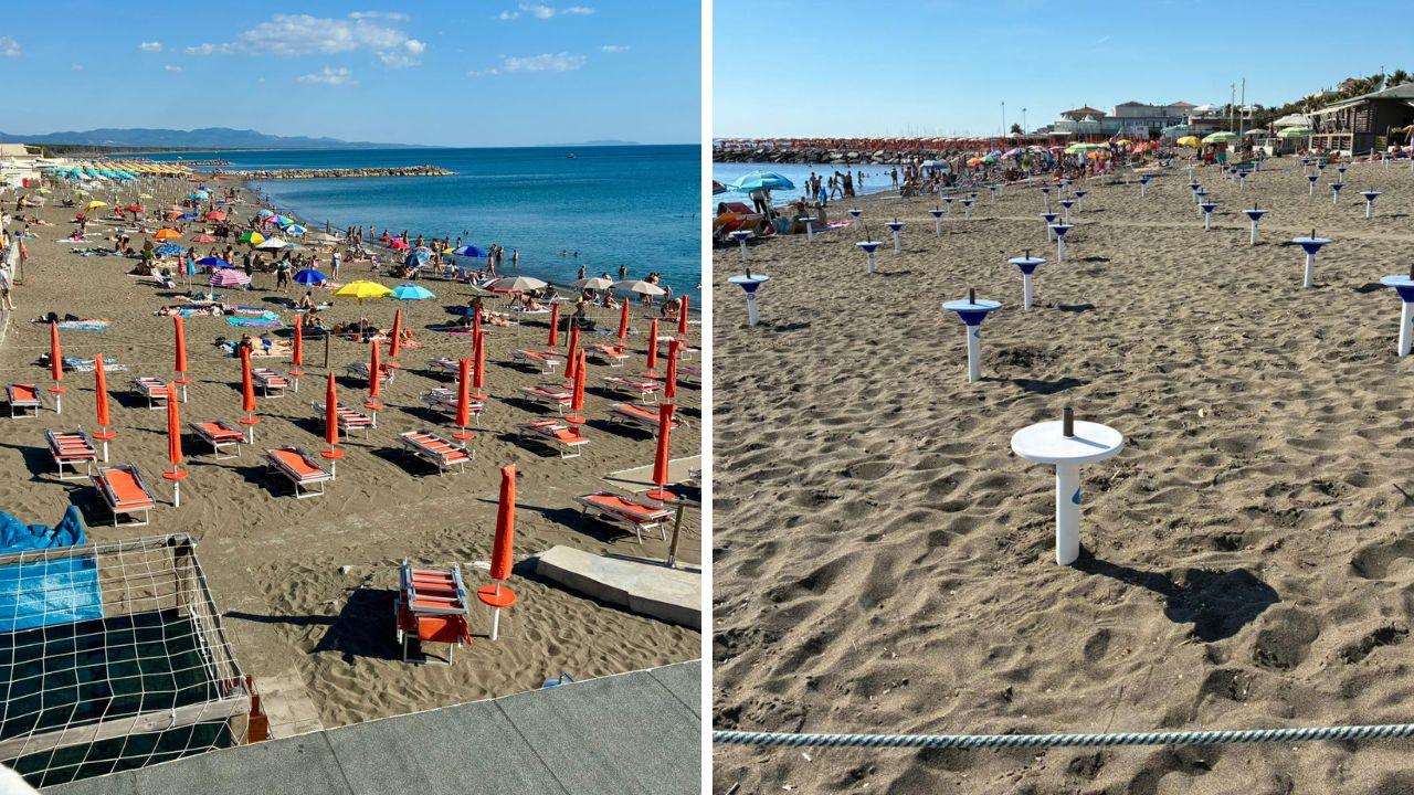 Gli ombrelloni chiusi del Bagno Donna di Cuori; le postazioni del Bagno Il Gabbiano (Foto Falorni/Stick)