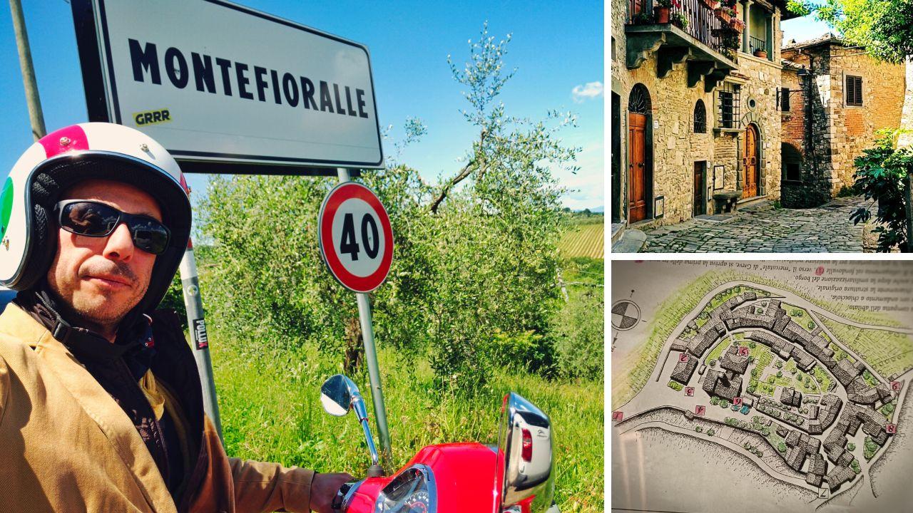 
	Il giornalista Lorenzo Lombardi a Montefioralle, a dx una vecchia cartina del borgo e uno dei vicoli


