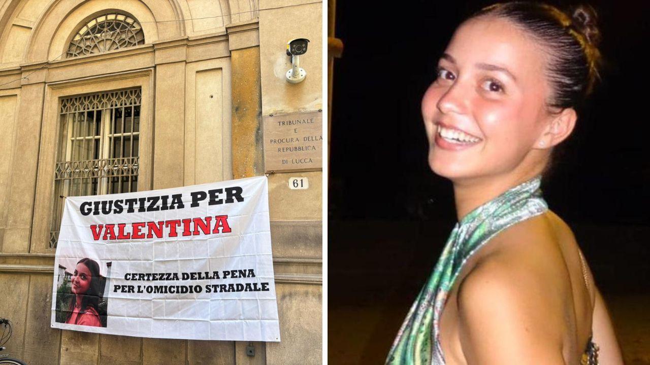 Da sx lo striscione affisso ieri mattina all’ingresso del Palazzo di Giustizia, a dx Valentina Tolomei