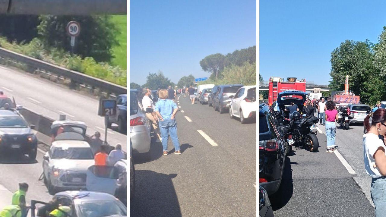 L'incidente e la fila (foto Fb Dannati)
