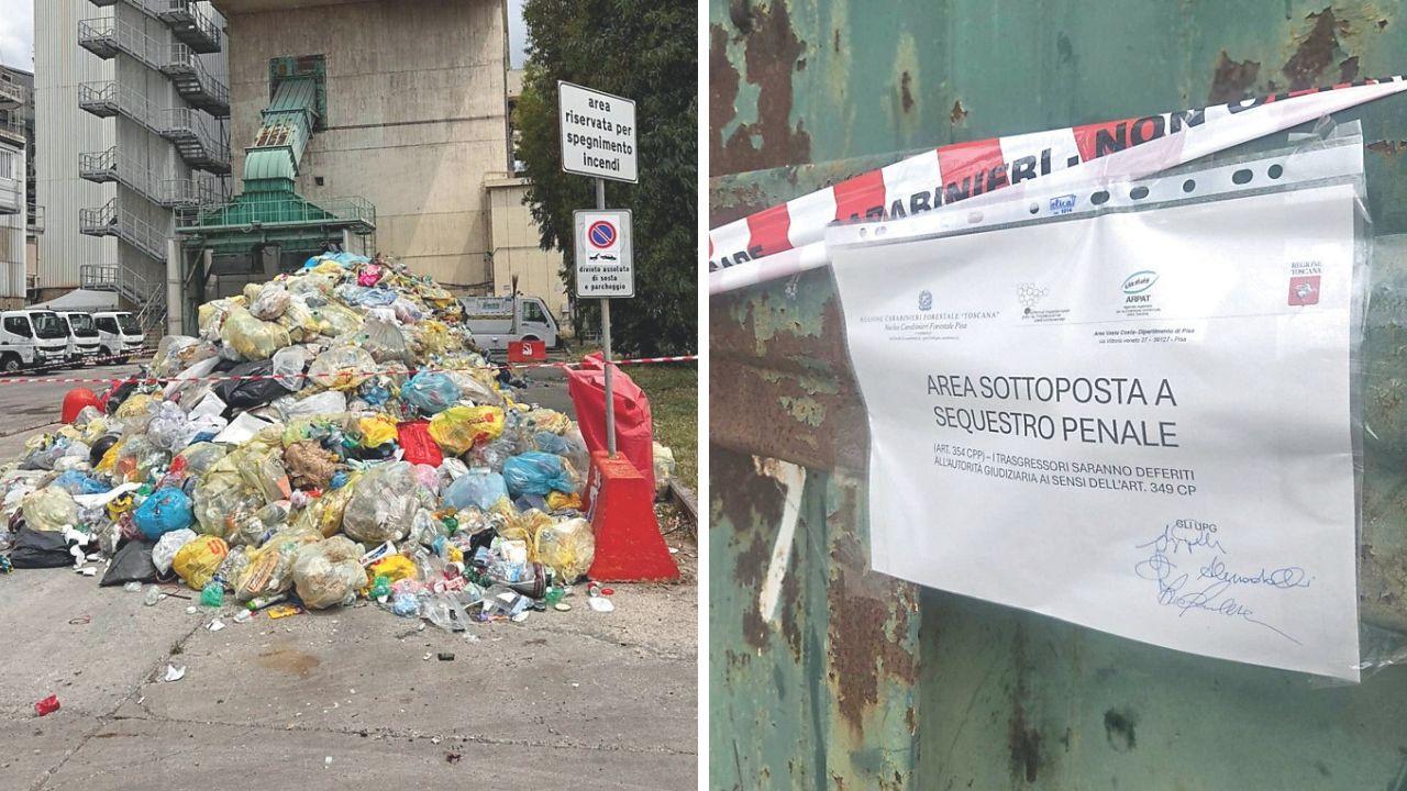 I rifiuti sottoposti a sequestro, a dx l’avviso di sequestro nello stabilimento