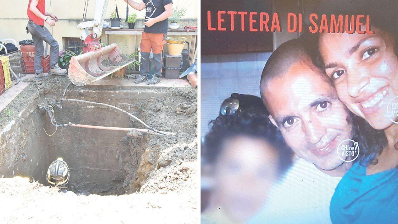 Gli scavi a ridosso della Certosa di Farneta e a dx una foto di Paula con il marito mostrata a Chi l'ha visto
