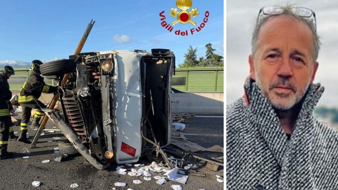 Il furgone coinvolto nell'incidente sull'A11 e la vittima, Michele Quartaroli