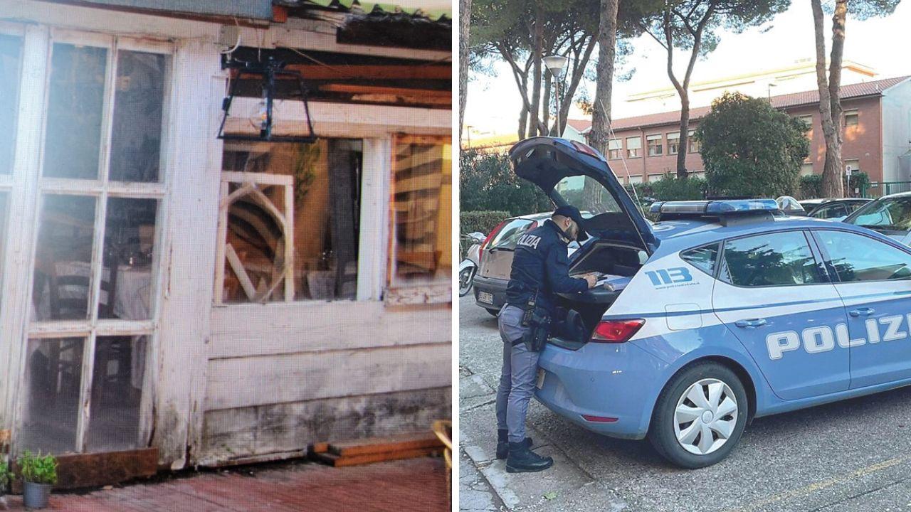 
	Il vetro del locale spaccato e una volante della polizia

