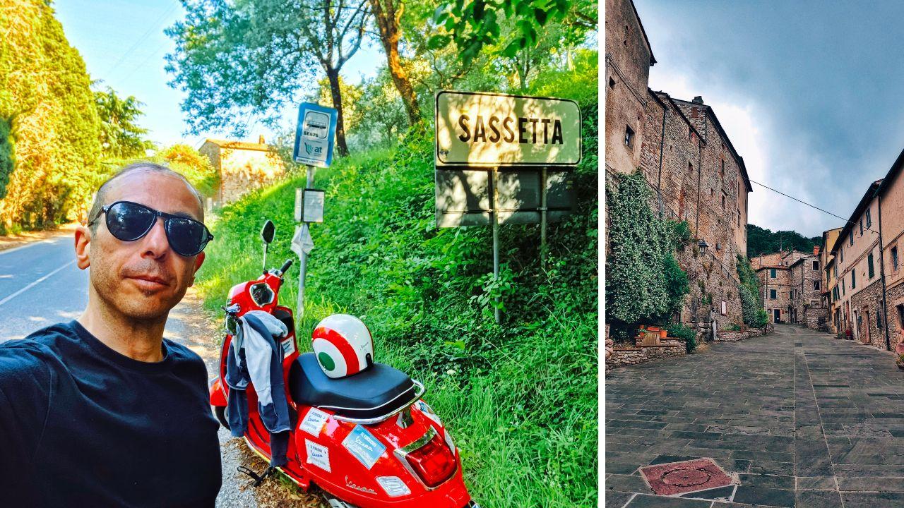 Lorenzo Lombardi con la Vespa a Sassetta, a dx uno scorcio suggestivo del borgo