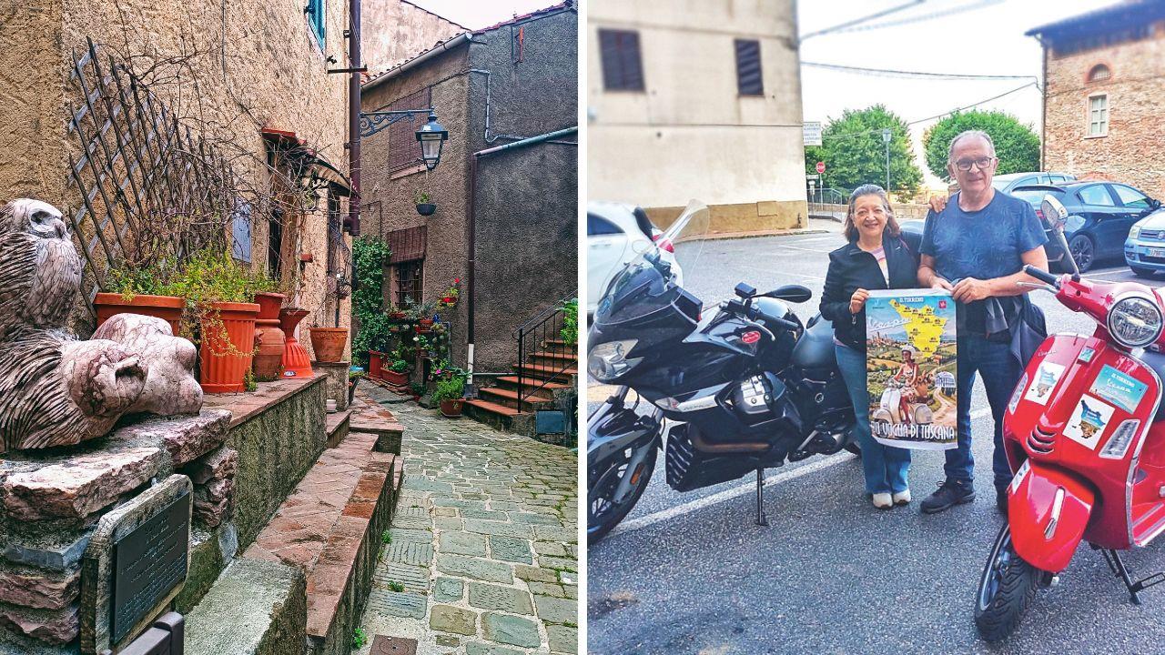 
	Uno scorcio di Sassetta, a dx due turisti in moto&nbsp;Laura e David


