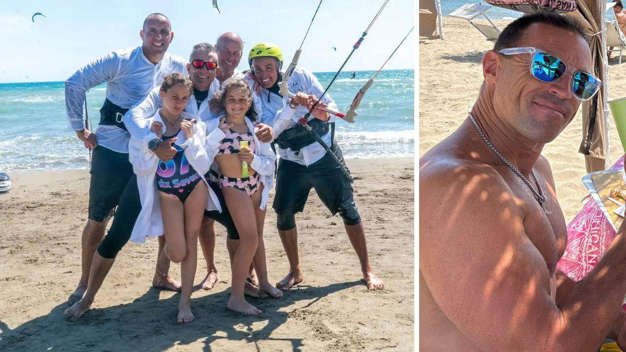 Umberto Calisti, Lorenzo Leoni, Moreno (padre di Sandro Bigozzi) e Roberto Cantini, con le piccole Clara e Gemma. A destra Sandro Bigozzi