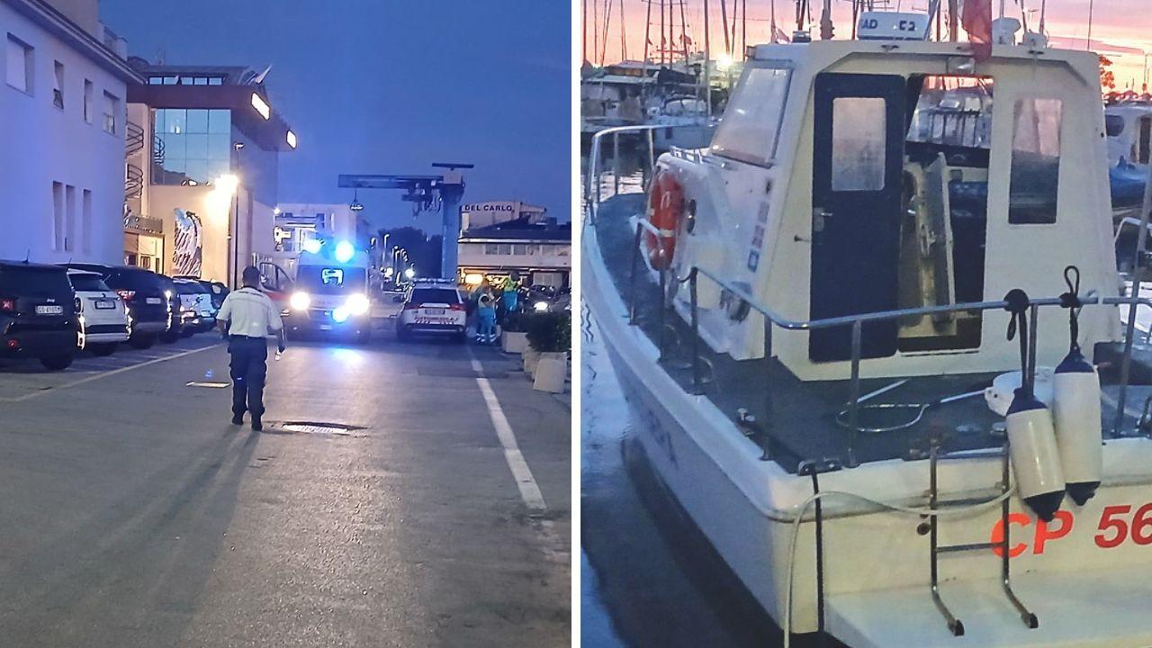 I soccorsi al porto di Viareggio e la motovedetta della Capitaneria intervenuta per soccorrere il giovane